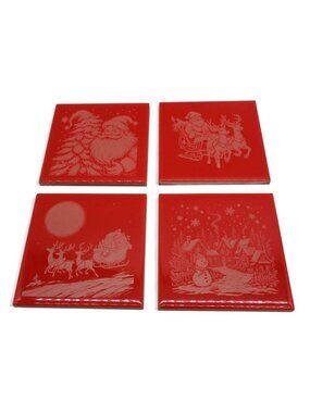 Christmas Tile Ceramic Engraved Santa Sleigh And Snowman Scenes Set of 4